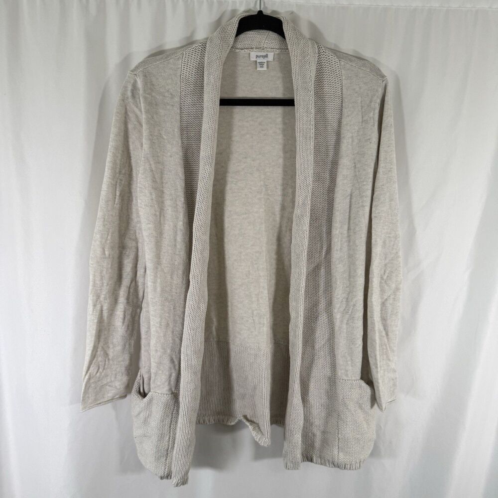 Pure Jill Cashmere Blend Cardigan Women XS White Open Front Pockets Knit Long Sl